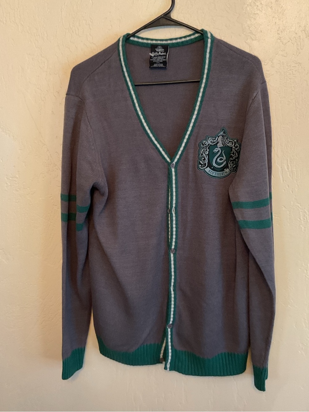 Warner Bros. Gray Cardigan with Green Trim & Slytherin Crest large